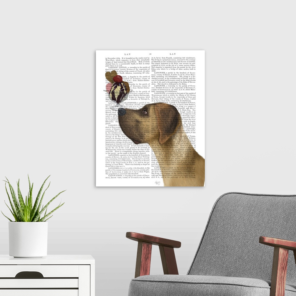 A modern room featuring Decorative artwork of a tan Great Dane balancing an ice cream sundae on its nose, painted on the ...
