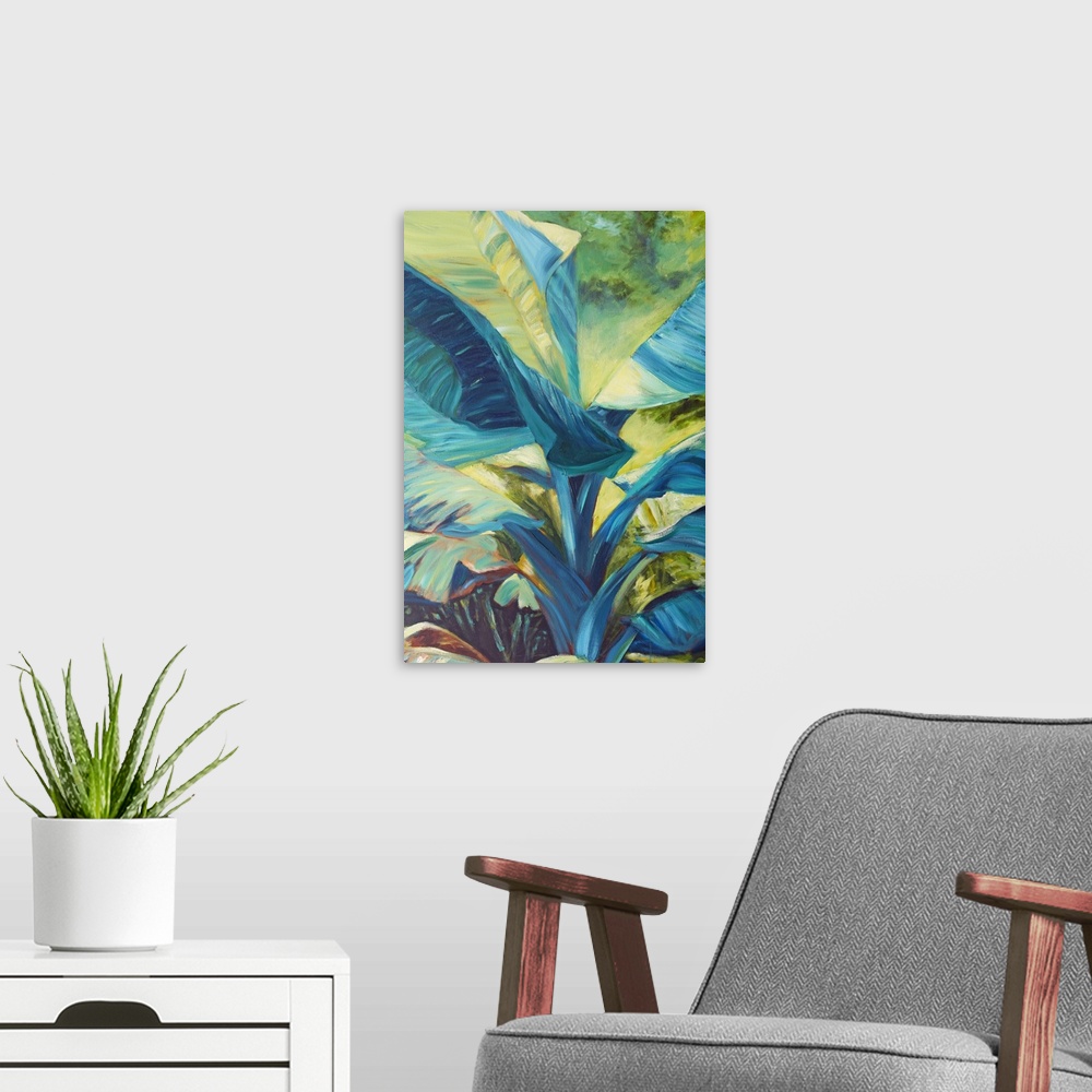 A modern room featuring Vibrant colors and energetic brush strokes create youthful, tropical leaves in this contemporary ...