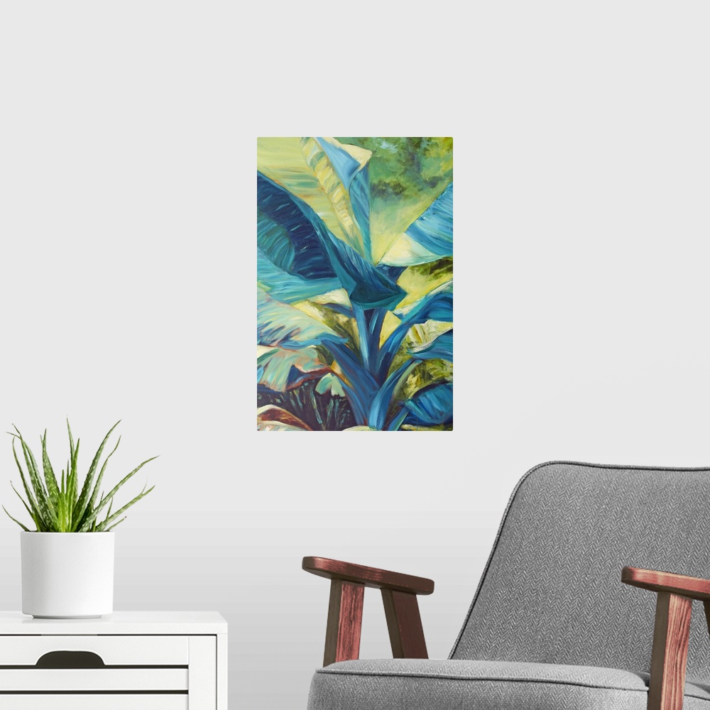 A modern room featuring Vibrant colors and energetic brush strokes create youthful, tropical leaves in this contemporary ...