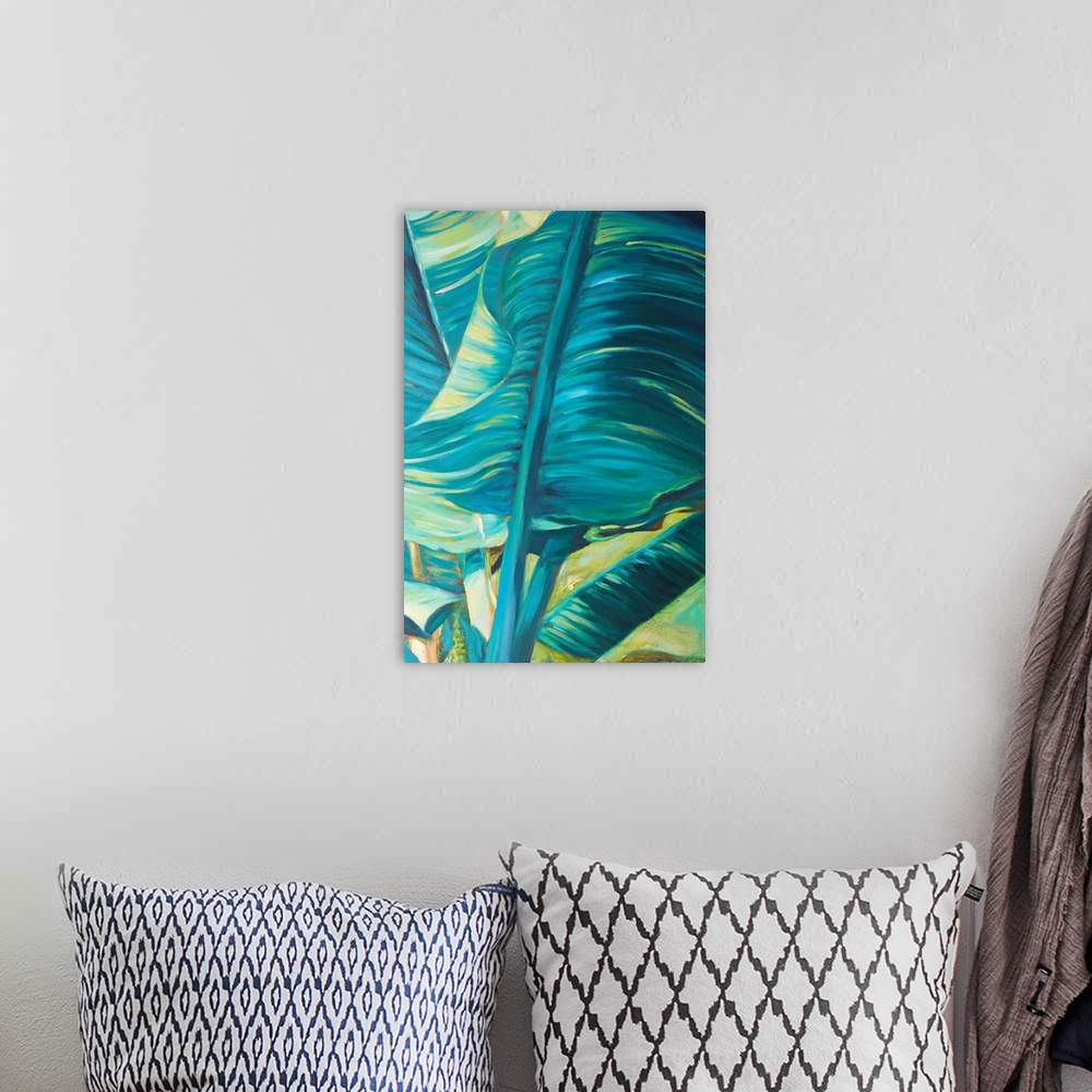 A bohemian room featuring Vibrant colors and energetic brush strokes create youthful, tropical leaves in this contemporary ...