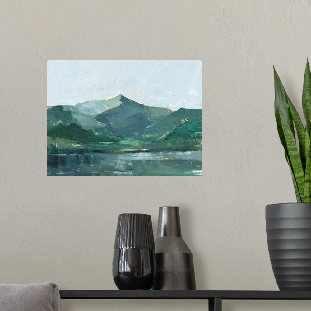 A modern room featuring Green Grey Mountains I