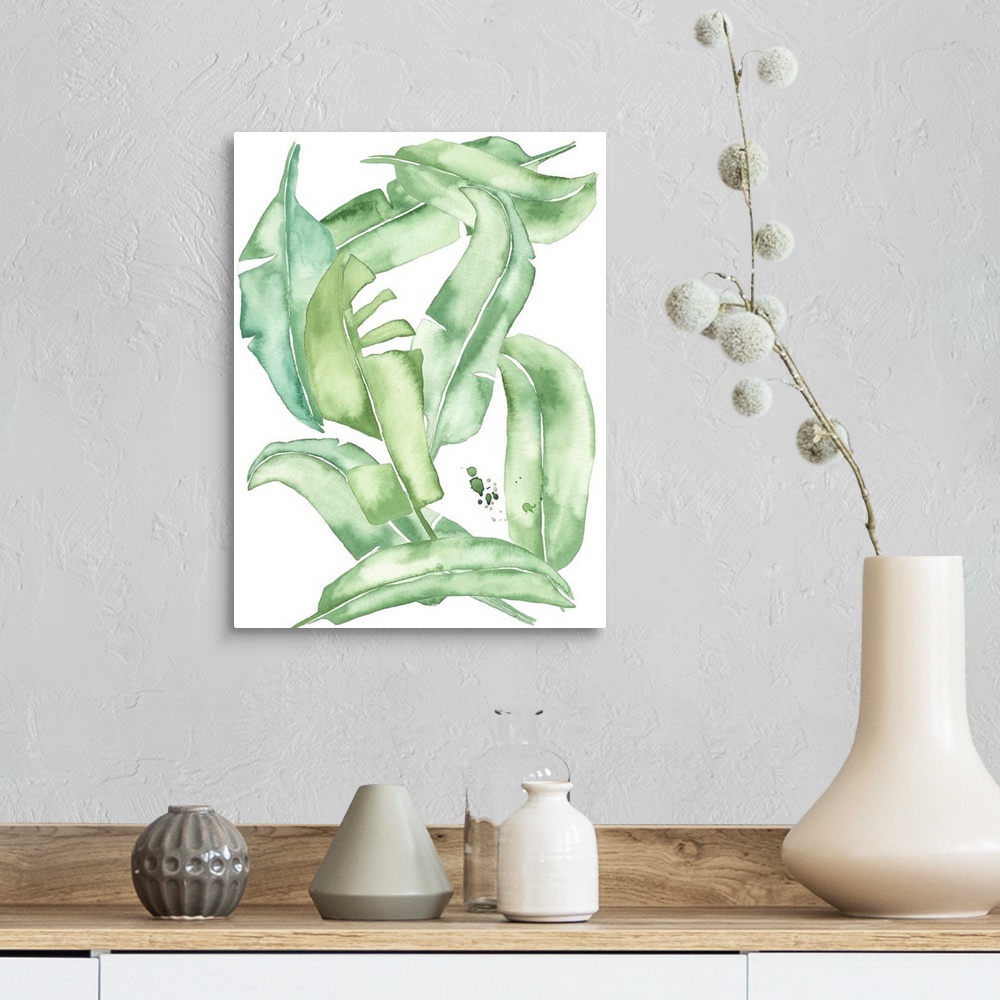 A farmhouse room featuring This contemporary artwork features playful green watercolor leaves against a white background wit...