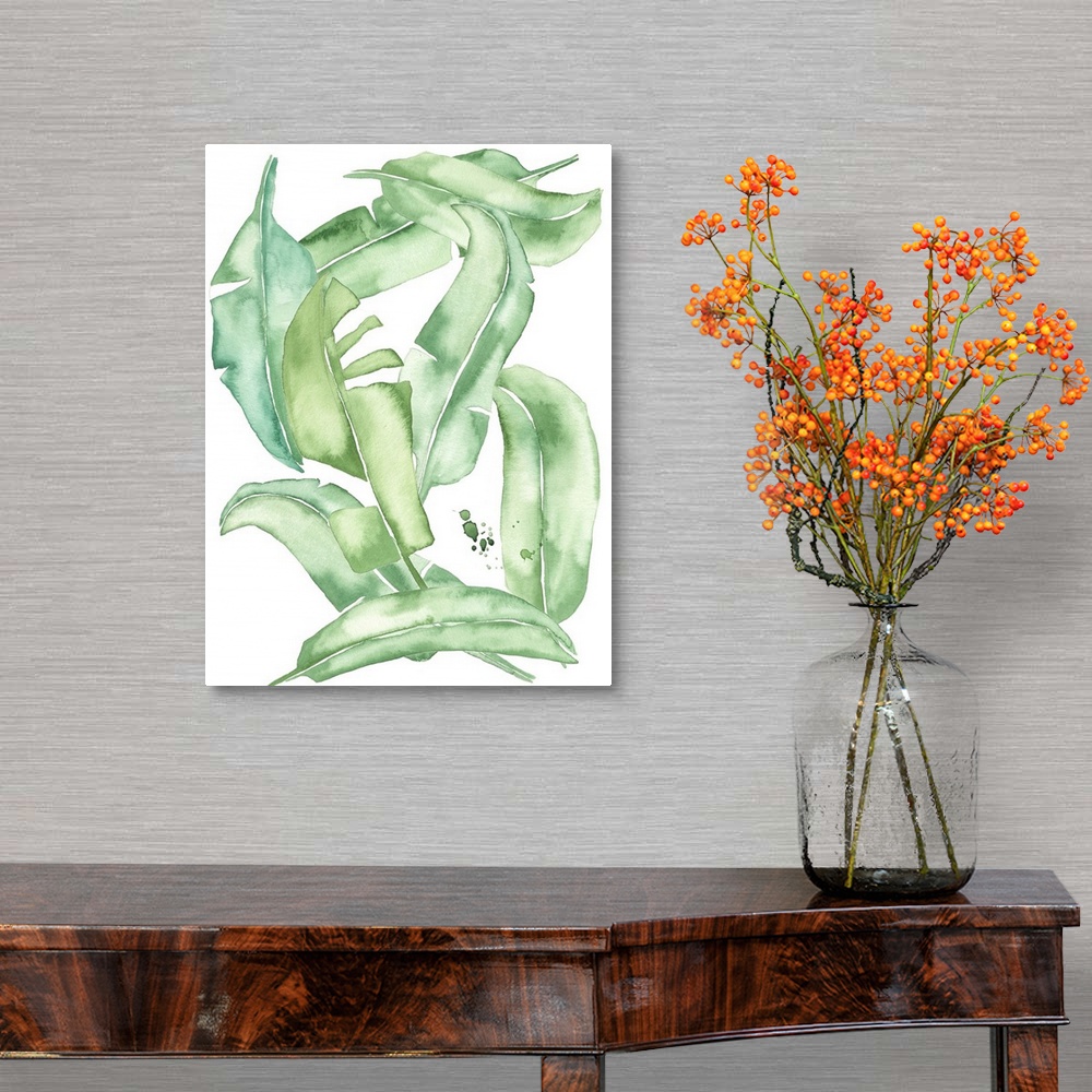 A traditional room featuring This contemporary artwork features playful green watercolor leaves against a white background wit...