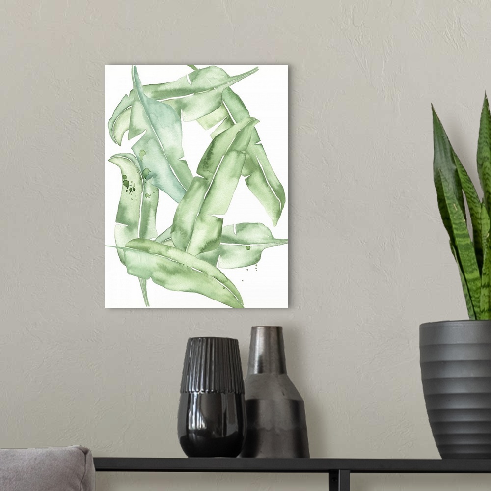 A modern room featuring This contemporary artwork features playful green watercolor leaves against a white background wit...