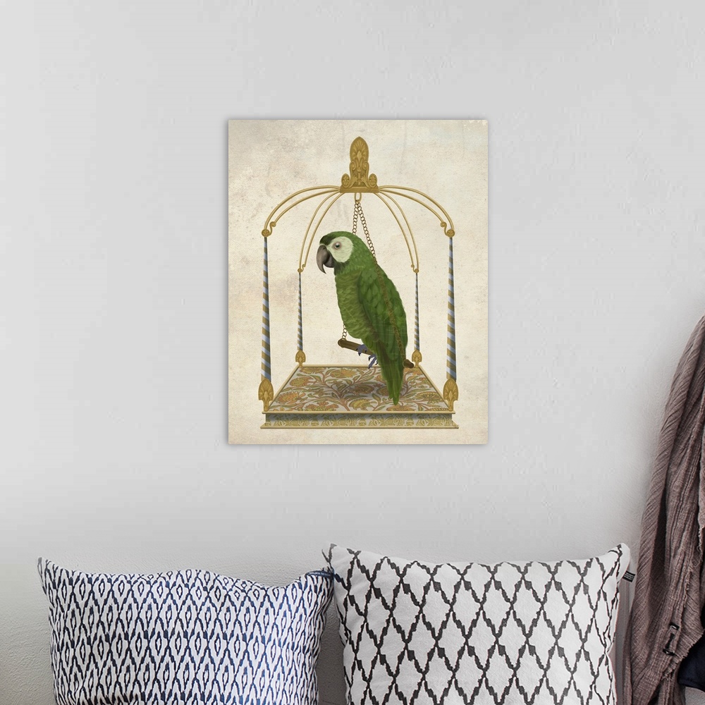 A bohemian room featuring Green Parrot On Swing