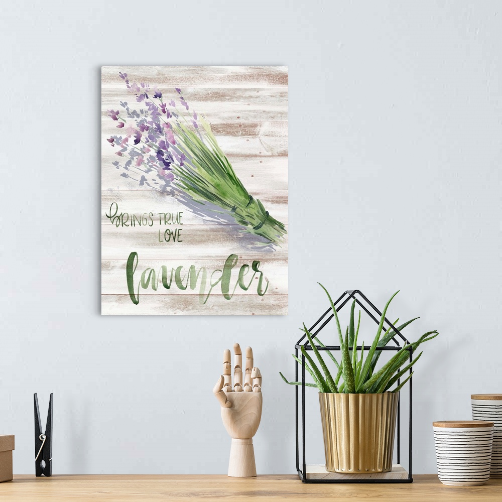 A bohemian room featuring Watercolor lavender plant with text "Lavender brings true love."