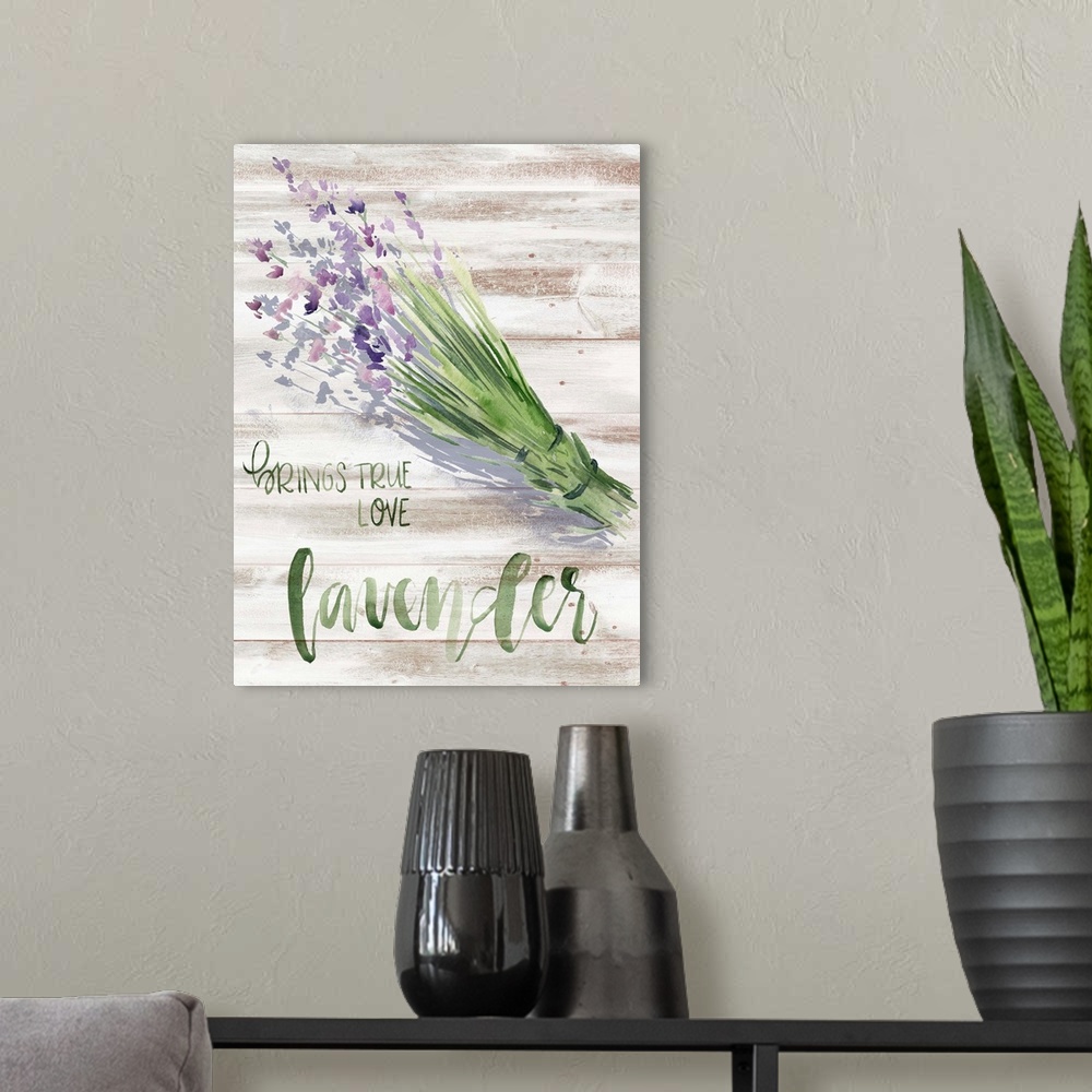 A modern room featuring Watercolor lavender plant with text "Lavender brings true love."