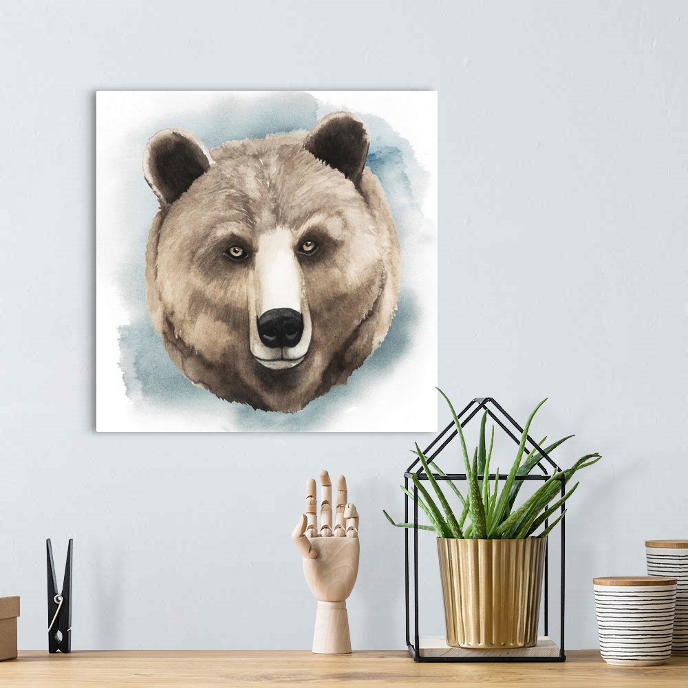A bohemian room featuring Watercolor portrait of a grizzly bear in neutral tones.