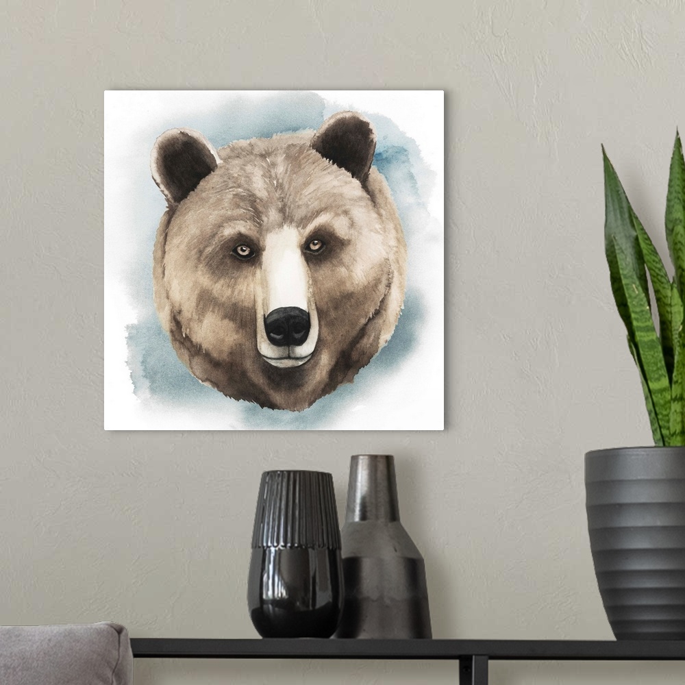 A modern room featuring Watercolor portrait of a grizzly bear in neutral tones.
