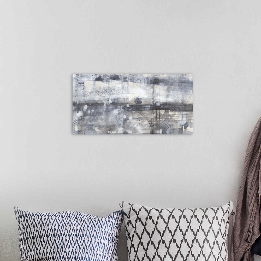 A bohemian room featuring Contemporary abstract painting using gray tones with vertical broad strokes.