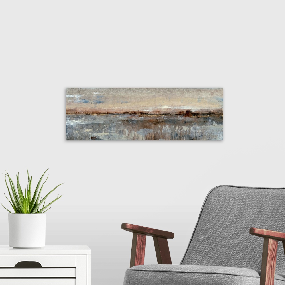 A modern room featuring This long, panoramic abstract painting is reminiscent of a coastal landscape. Impressionist-style...