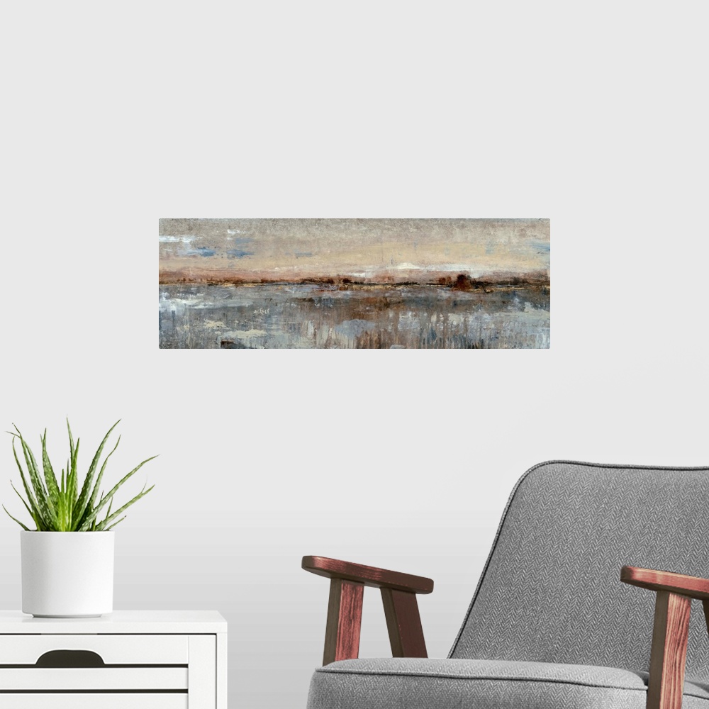 A modern room featuring This long, panoramic abstract painting is reminiscent of a coastal landscape. Impressionist-style...