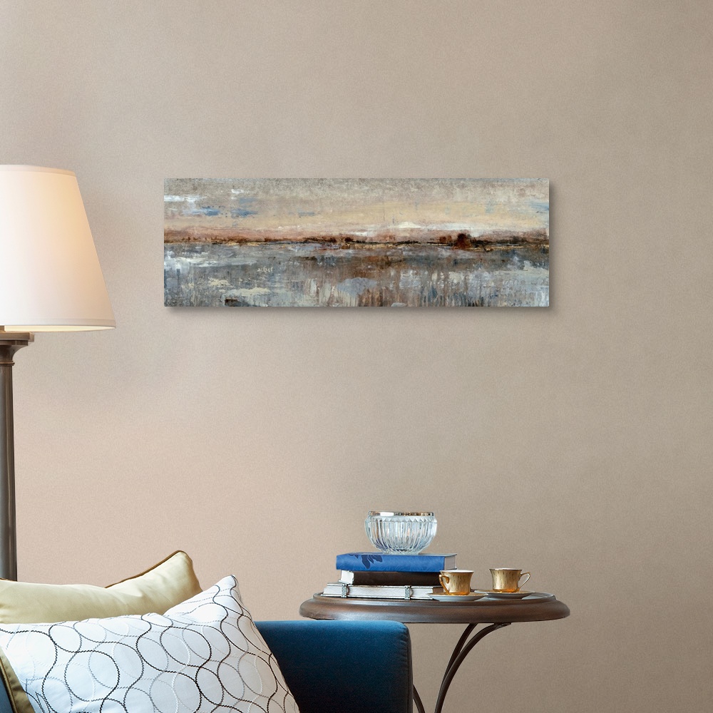 A traditional room featuring This long, panoramic abstract painting is reminiscent of a coastal landscape. Impressionist-style...