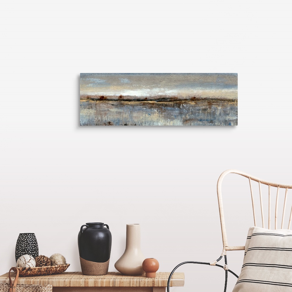 A farmhouse room featuring This long, panoramic abstract painting is reminiscent of a coastal landscape. Impressionist-style...