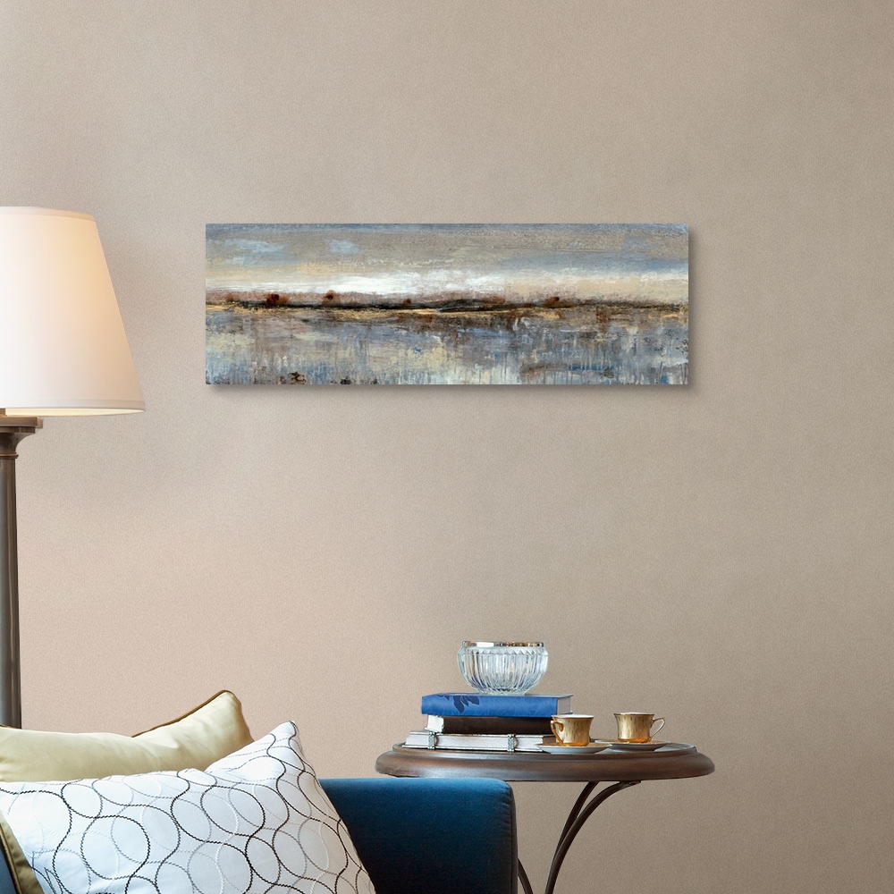 A traditional room featuring This long, panoramic abstract painting is reminiscent of a coastal landscape. Impressionist-style...