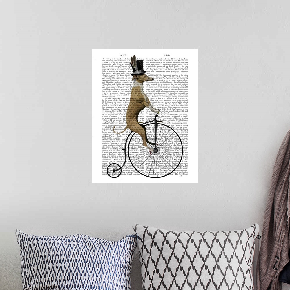 A bohemian room featuring Humorous illustration of a greyhound riding a bicycle painted over a vintage dictionary page.