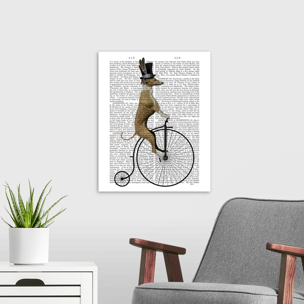 A modern room featuring Humorous illustration of a greyhound riding a bicycle painted over a vintage dictionary page.
