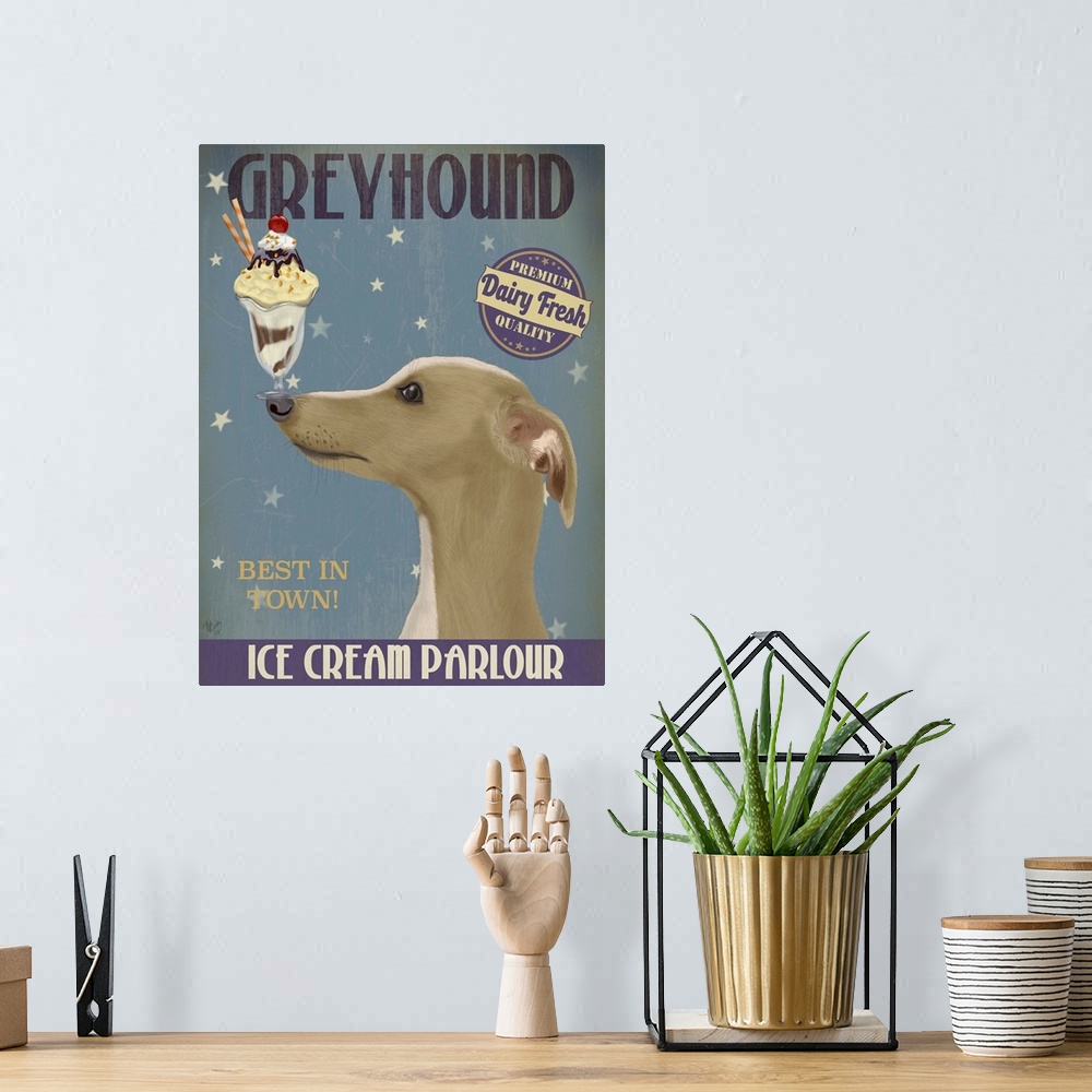 A bohemian room featuring Decorative artwork of a Greyhound balancing an ice cream sundae on its nose in an advertisement f...