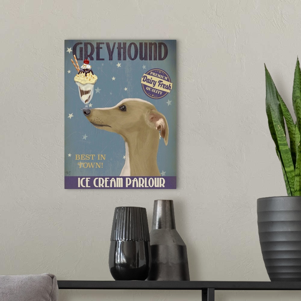A modern room featuring Decorative artwork of a Greyhound balancing an ice cream sundae on its nose in an advertisement f...