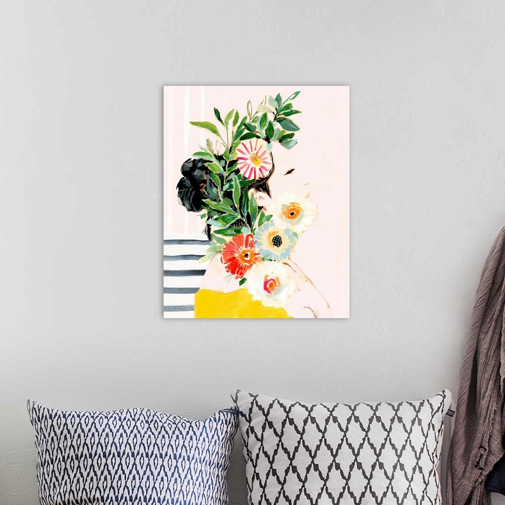 A bohemian room featuring Contemporary figurative painting of a woman covered in flowers.
