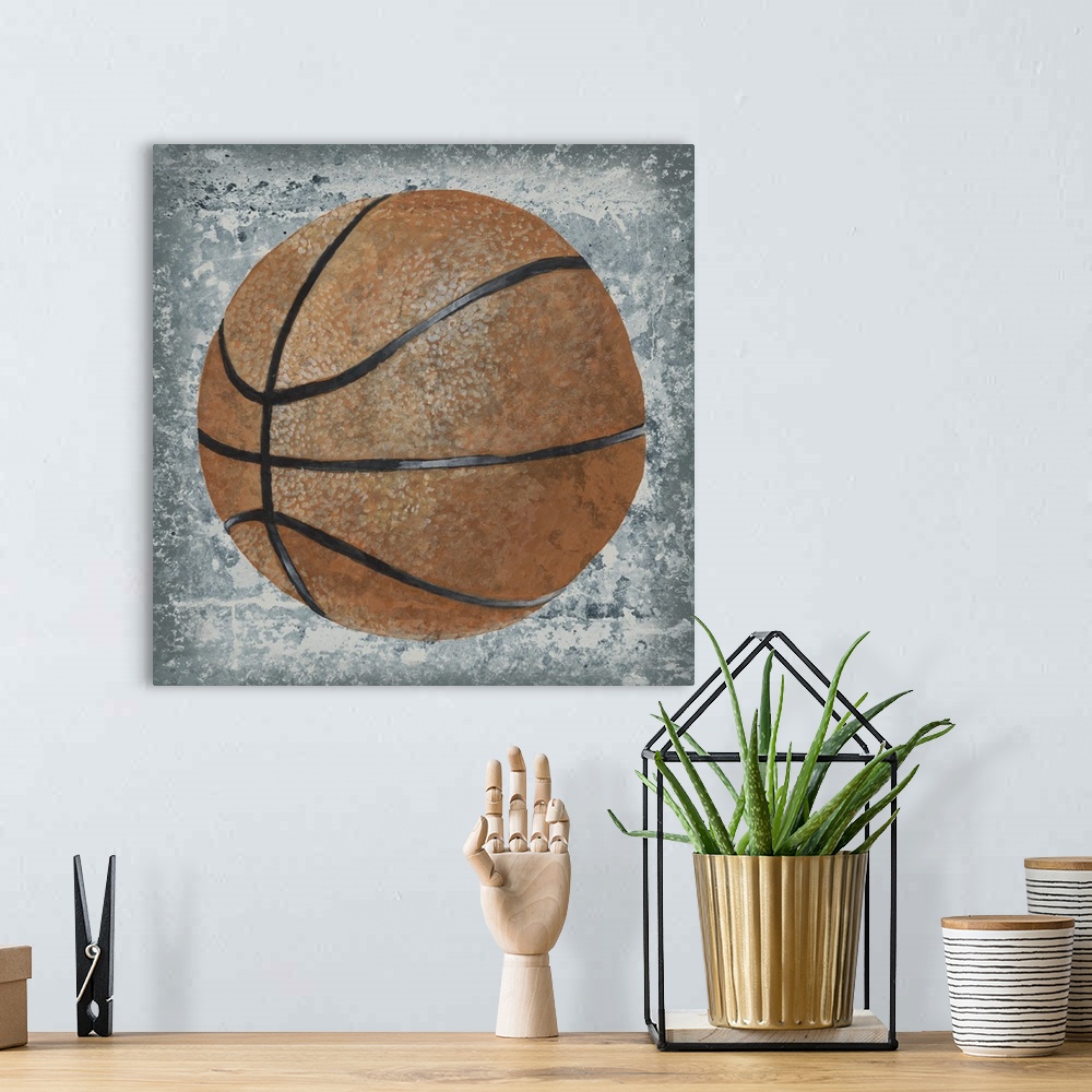 A bohemian room featuring Square sports decor with an illustration of a basketball on a gray and white textured background.