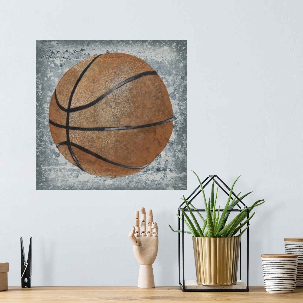 A bohemian room featuring Square sports decor with an illustration of a basketball on a gray and white textured background.