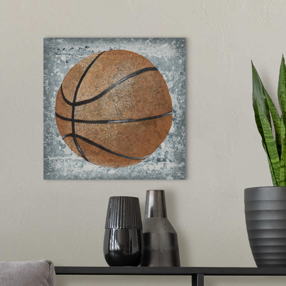 A modern room featuring Square sports decor with an illustration of a basketball on a gray and white textured background.
