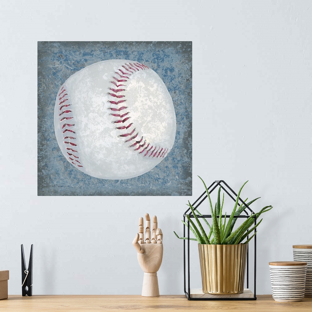 A bohemian room featuring Square sports decor with an illustration of a baseball on a blue, and gray textured background.