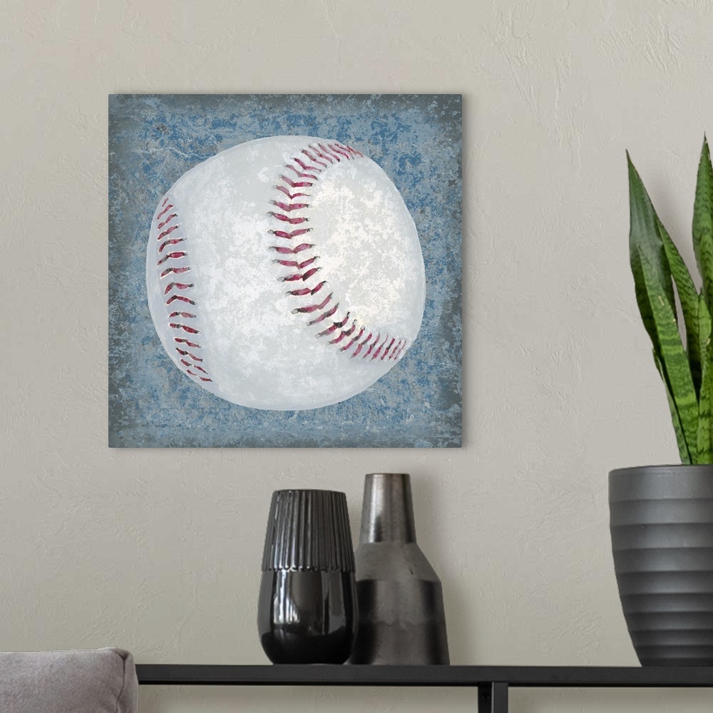 A modern room featuring Square sports decor with an illustration of a baseball on a blue, and gray textured background.