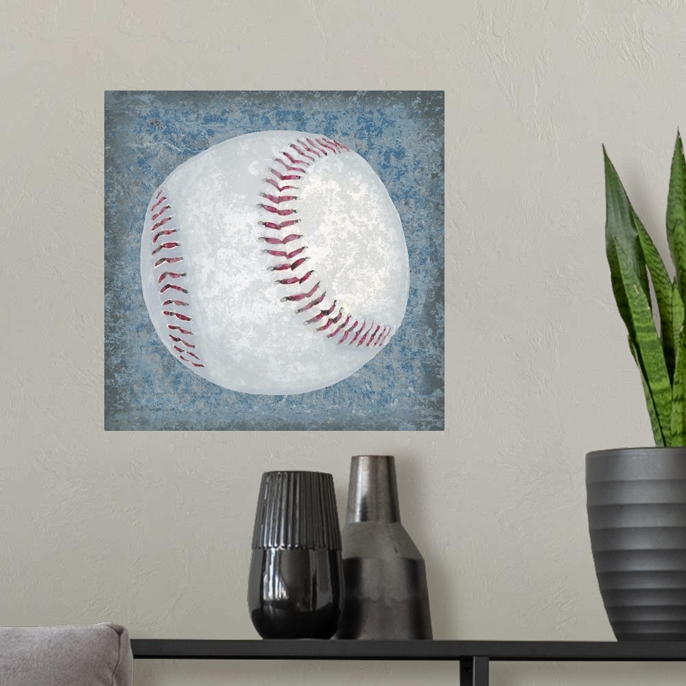 A modern room featuring Square sports decor with an illustration of a baseball on a blue, and gray textured background.