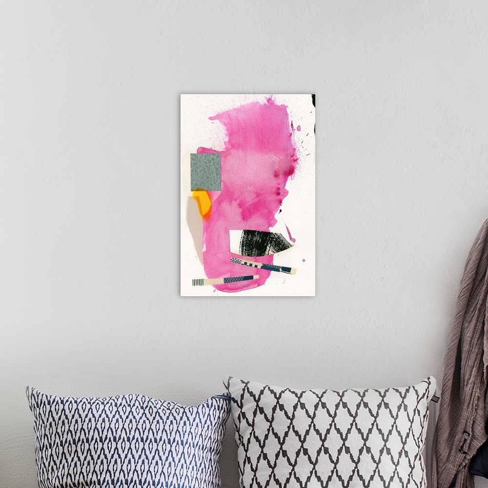 A bohemian room featuring Colorful abstract painting using a variety of colors and shapes.