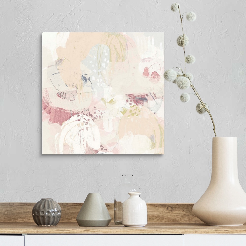 A farmhouse room featuring Contemporary abstract painting in soft, pastel shades of pink and coral.