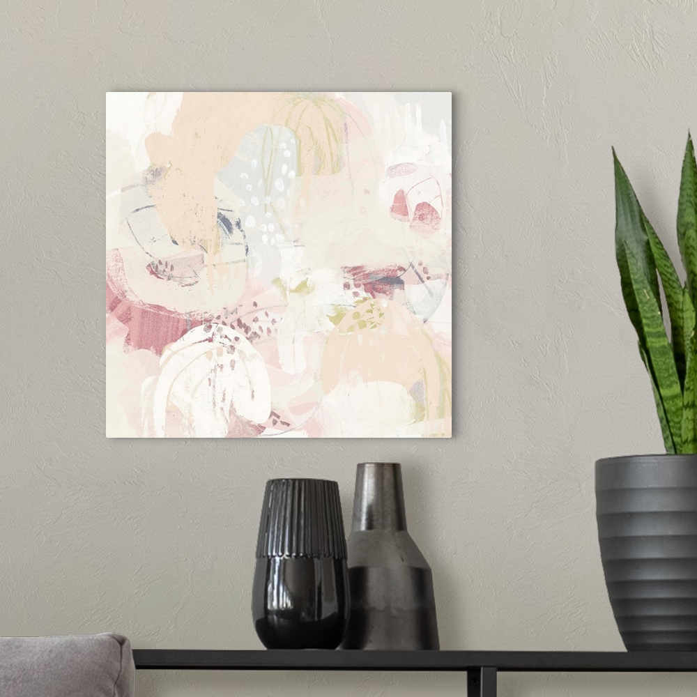 A modern room featuring Contemporary abstract painting in soft, pastel shades of pink and coral.