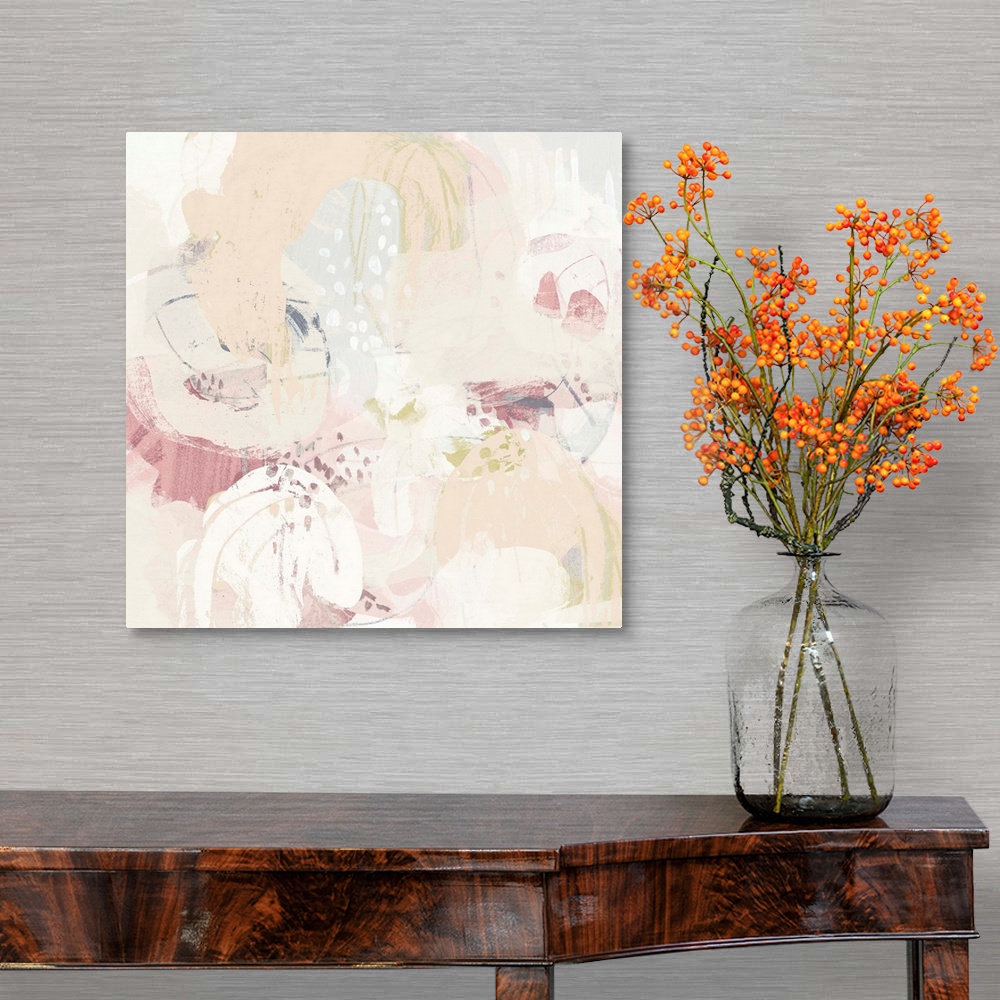 A traditional room featuring Contemporary abstract painting in soft, pastel shades of pink and coral.