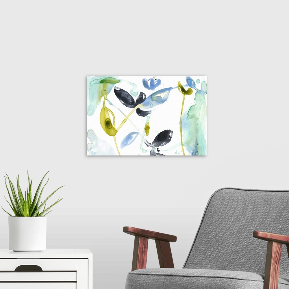 A modern room featuring Watercolor painting of flowers and leaves in yellow, black, and blue, on white.