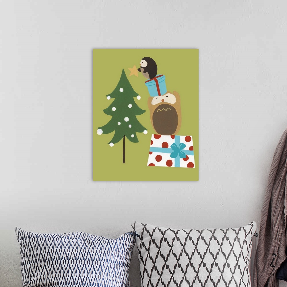 A bohemian room featuring Cute holiday illustration of two owls on gifts decorating a Christmas tree.