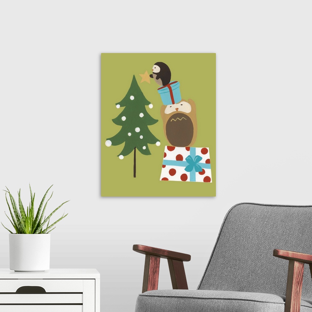 A modern room featuring Cute holiday illustration of two owls on gifts decorating a Christmas tree.