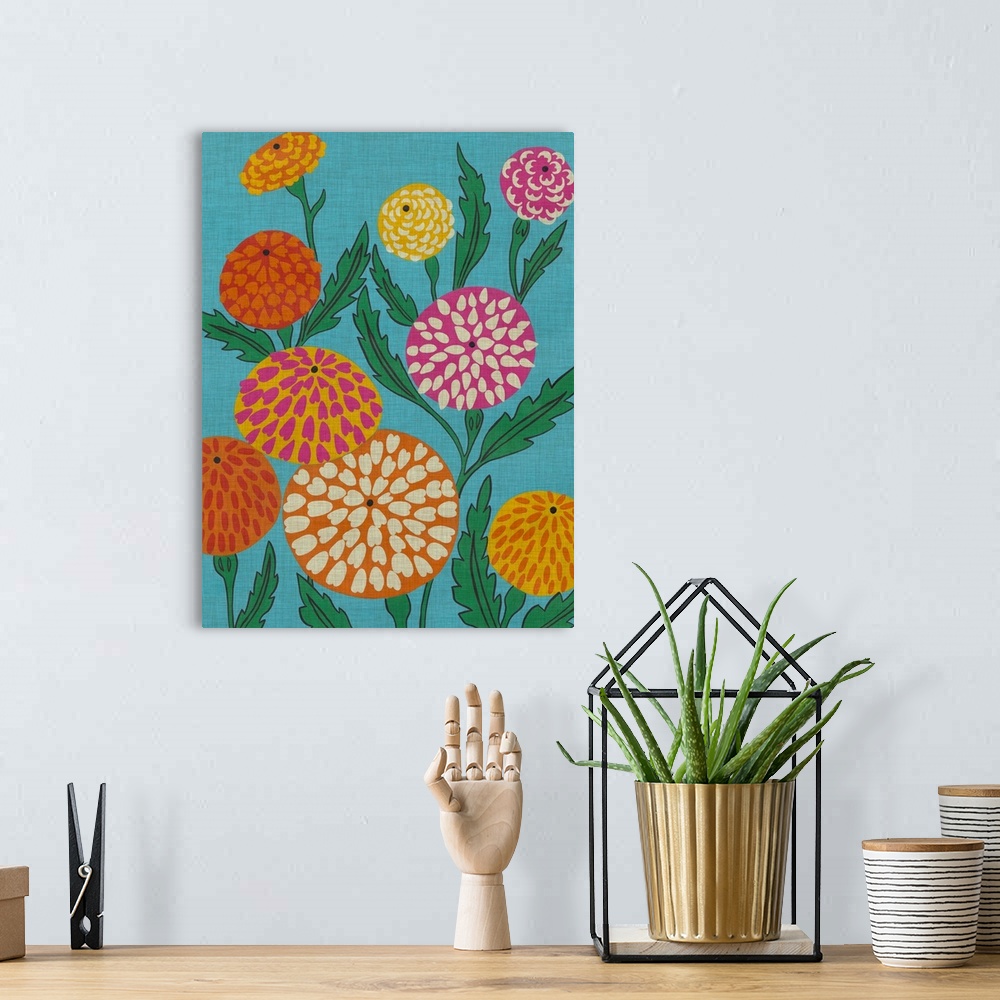 A bohemian room featuring Retro poster style flowers in pale colors against a blue background