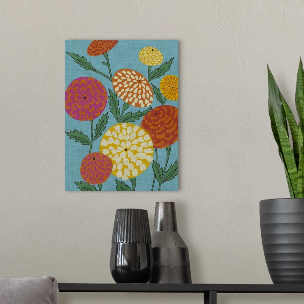 A modern room featuring Retro poster style flowers in pale colors against a blue background