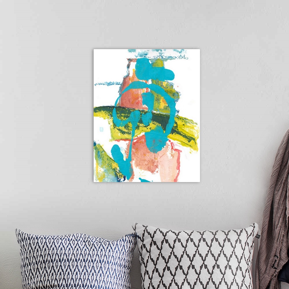 A bohemian room featuring Contemporary abstract painting in tropical colors in coral, teal, and lime.