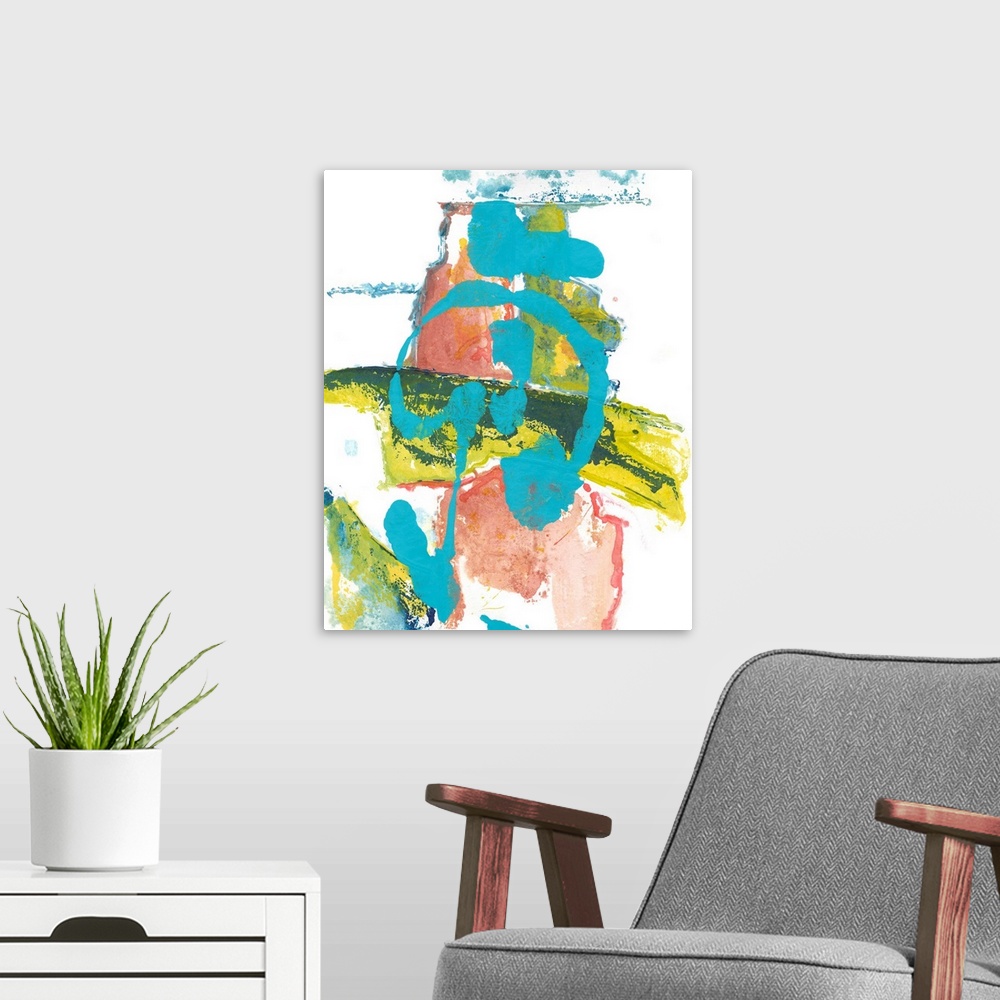 A modern room featuring Contemporary abstract painting in tropical colors in coral, teal, and lime.