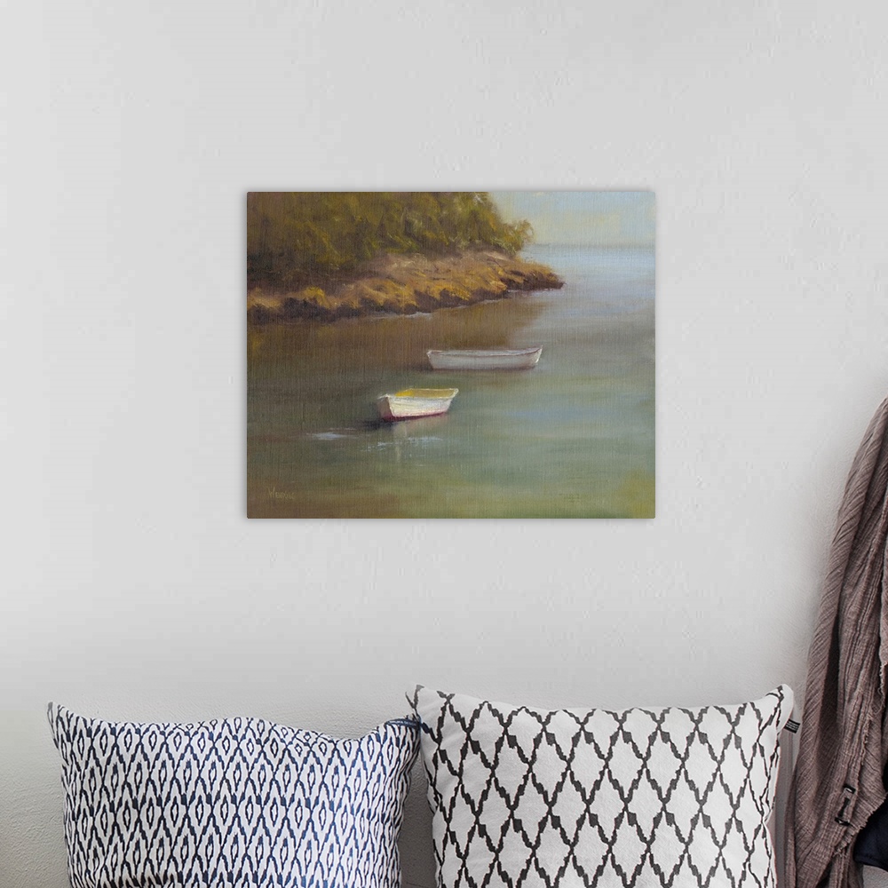 A bohemian room featuring Contemporary painting of two white boats anchored near a shoreline.
