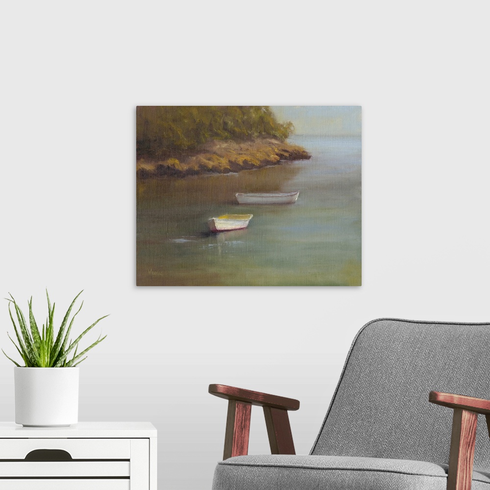 A modern room featuring Contemporary painting of two white boats anchored near a shoreline.