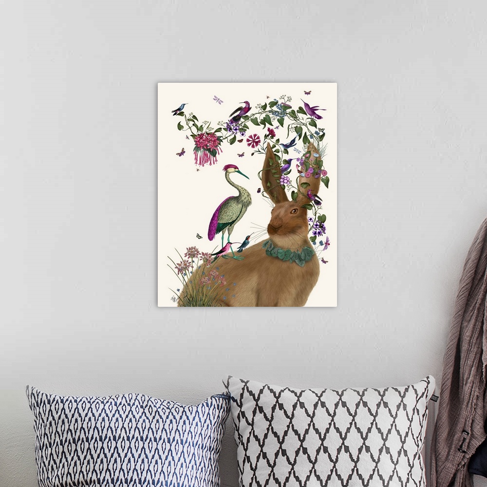 A bohemian room featuring Digital illustration of a rabbit wearing leaves around his neck and on his ears and colorful birds.