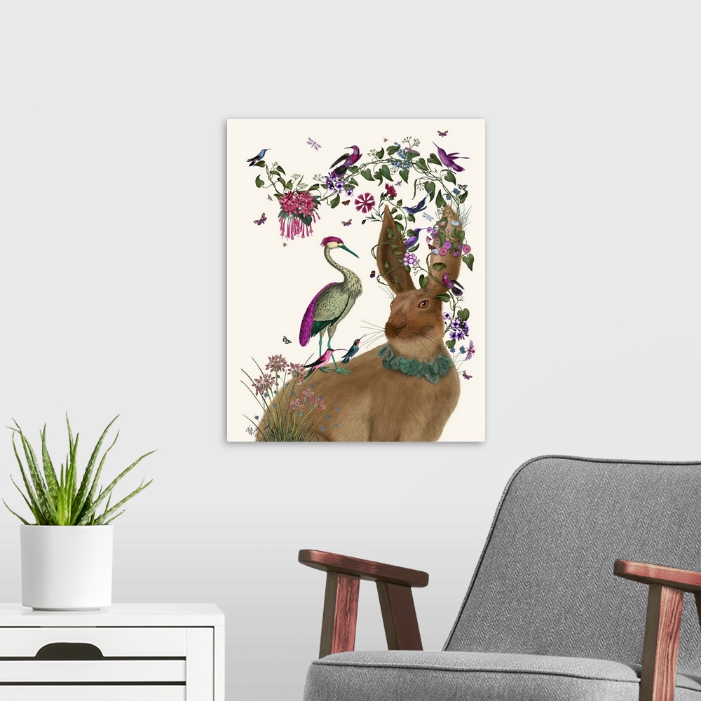 A modern room featuring Digital illustration of a rabbit wearing leaves around his neck and on his ears and colorful birds.