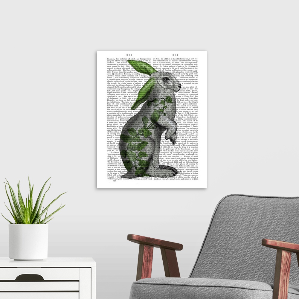 A modern room featuring Decorative artwork with a rabbit covered in green leaves with green ears painted on the page of a...