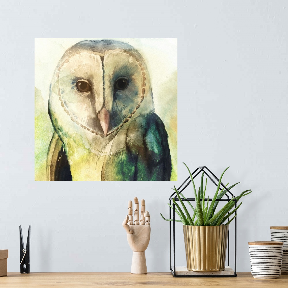 A bohemian room featuring Watercolor painting of a barn owl in pale and vibrant green tones.