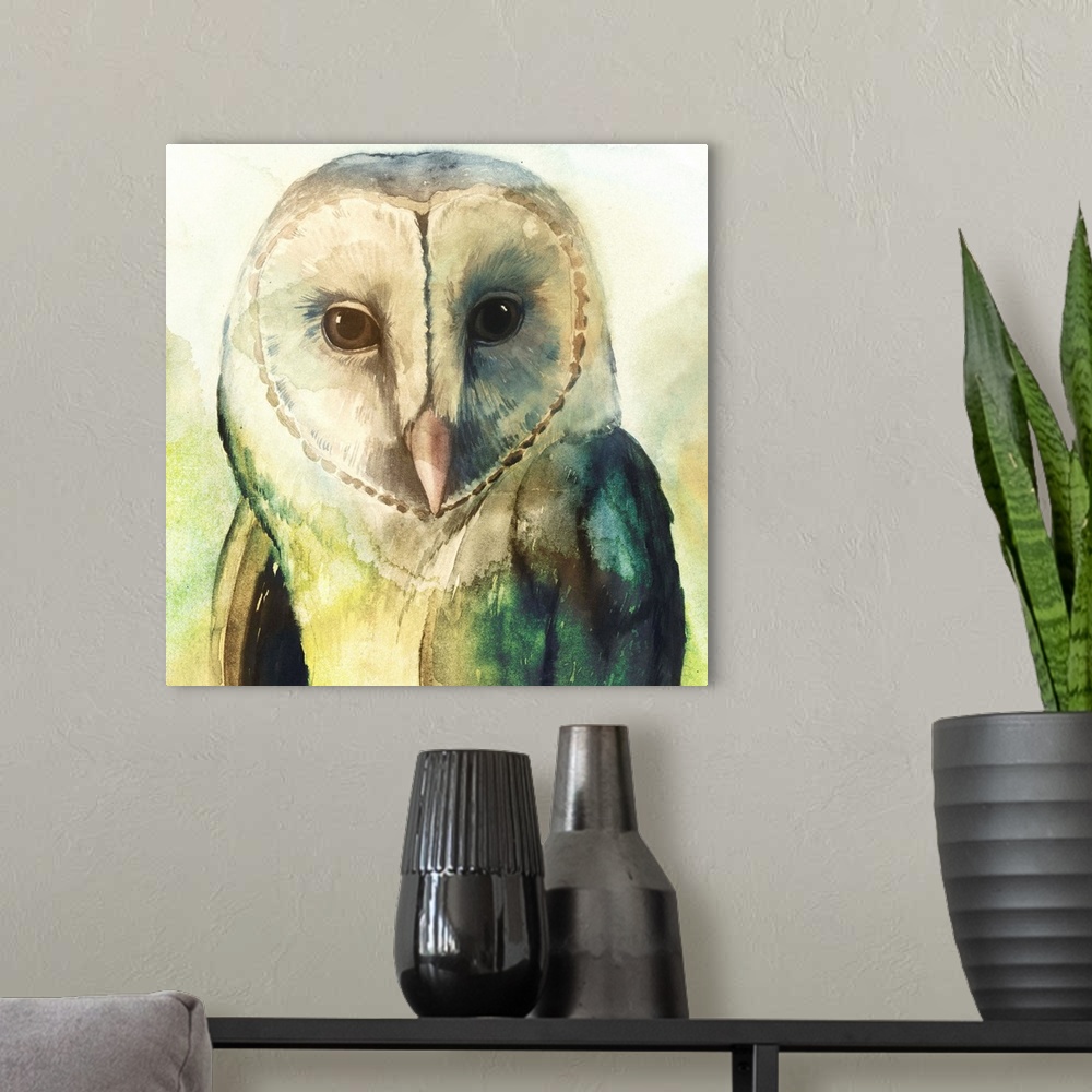 A modern room featuring Watercolor painting of a barn owl in pale and vibrant green tones.