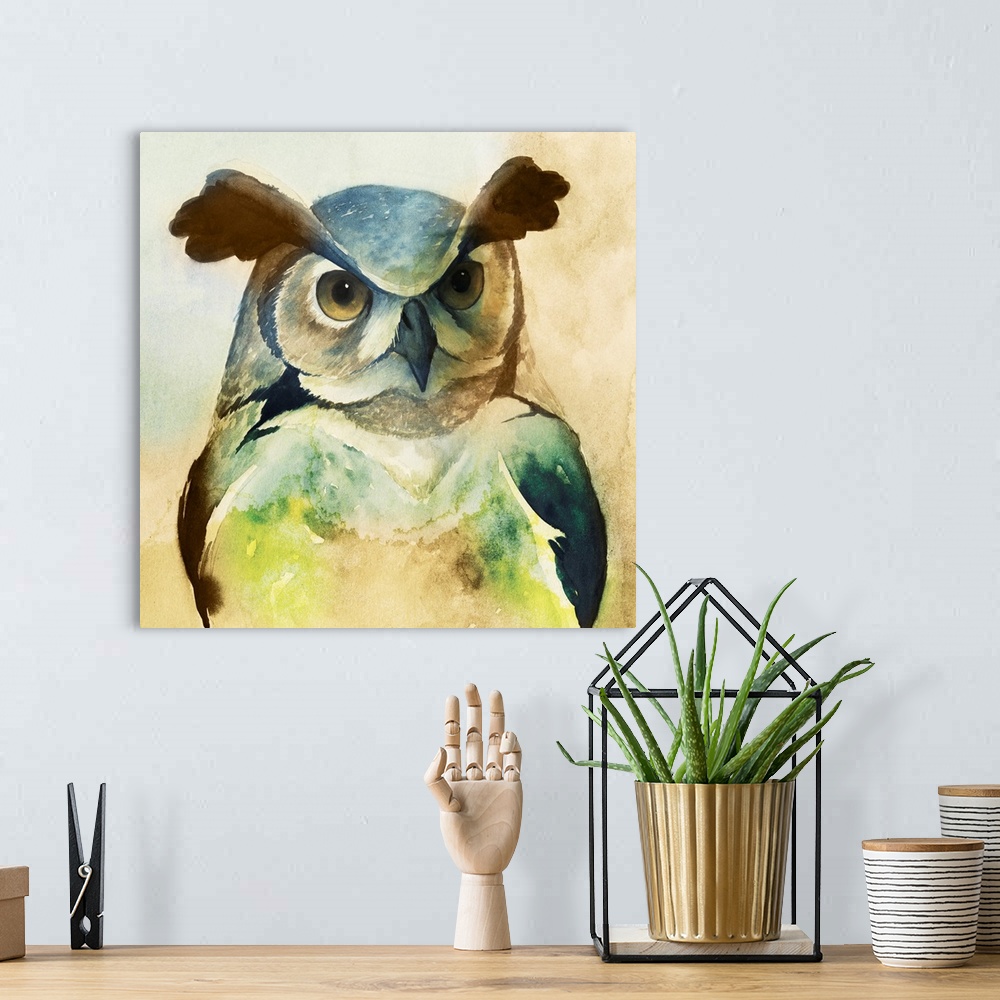 A bohemian room featuring Watercolor painting of an owl in pale and vibrant green tones.