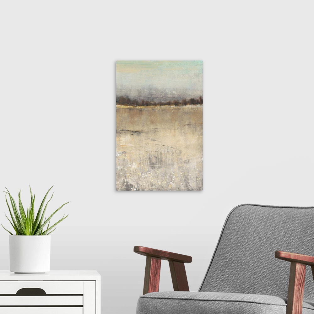 A modern room featuring Contemporary painting of a meadow with a forest at the edge.